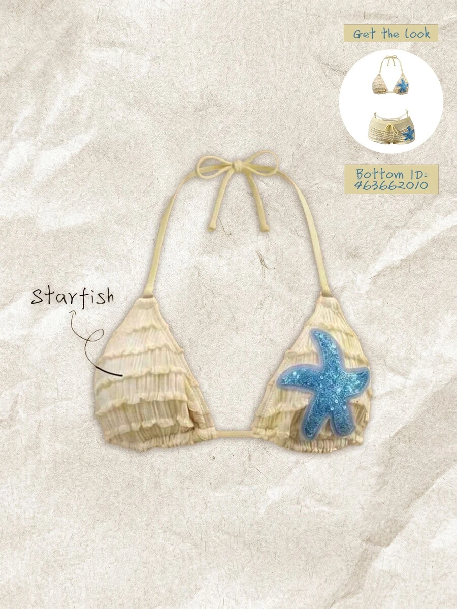 Elavelle 女士春夏提花面料露背海星系带比基尼上衣 - 黃色 - 查看 1
