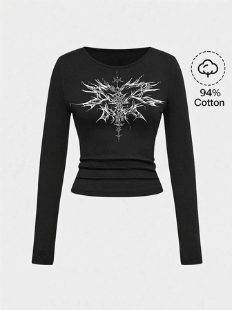 Grunge Punk Spring/Summer Casual Black Graphic Punk Rock Sexy Crop Top Vintage Long Sleeve T-Shirt For Women