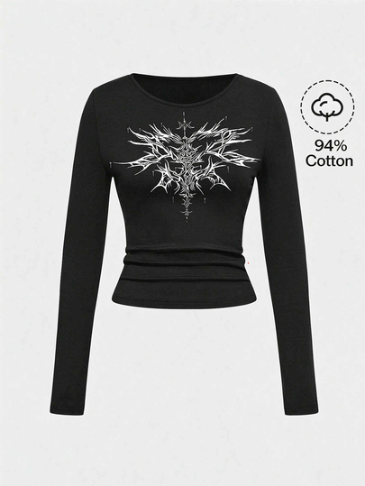 Grunge Punk Spring/Summer Casual Black Graphic Punk Rock Sexy Crop Top Vintage Long Sleeve T-Shirt For Women