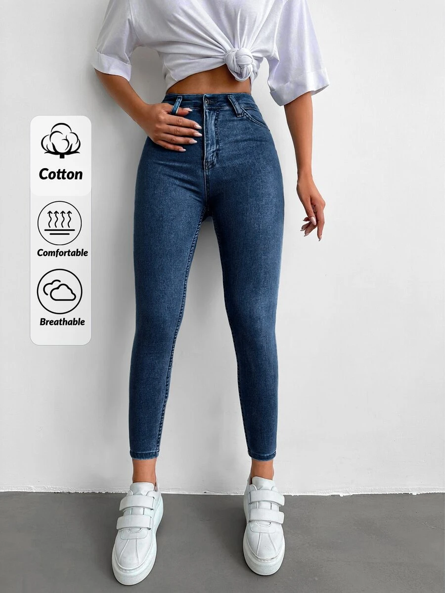 EURMUSE 96% Cotton High Waist Skinny Cropped Jeans - Dark Wash - View 1