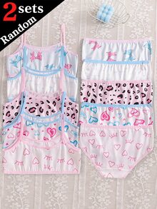 [2Sets Random ]Girls' Tween Girl' Heart Winking Eyes Bow Leopard Print Series Cute Girlism Minimalist Contrast Color Basic Camisole Shorts Set - Multicolor - View 2