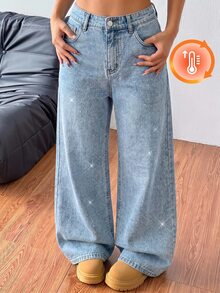 SHEIN 青少年女孩亮面水鑽淺藍色牛仔寬鬆長褲 牛仔女郎外出演唱會穿搭 可愛風 - 藍色 - 查看 1