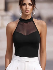 RosyDaze Women's Elegant Sexy Sleeveless Halter Mesh See-Through Knit Bodysuit, Suitable For Spring/Summer, Vacation And Commute Night Out Club Black - Black - View 1