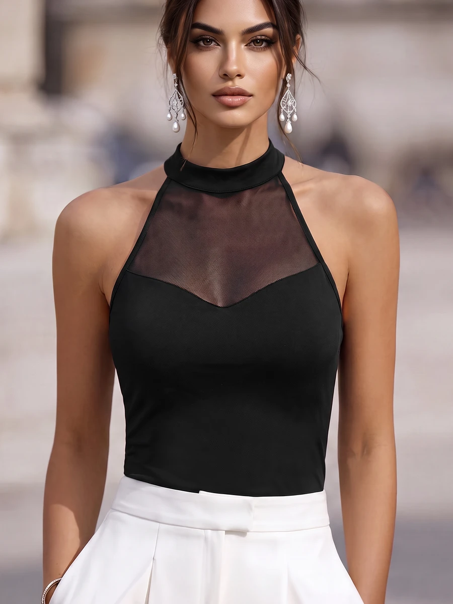 RosyDaze Women's Elegant Sexy Sleeveless Halter Mesh See-Through Knit Bodysuit, Suitable For Spring/Summer, Vacation And Commute Night Out Club Black - Black - View 1