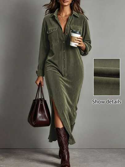 SHEIN LUNE CURVE Plus Size Women's Vintage Brown Corduroy Long Dress,Lapel Long Sleeve, Chest Pockets & Side Slit,Elegant Casual Dress For Autumn Winter Daily Commute