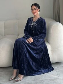 Yasmyna Women's Elegant Modest Elegant Rhinestone Long Sleeve Arabian Dress Night Fall - Royal Blue - View 1