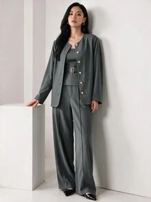 Heiryn 极简圆领优质深灰色女士西装外套，适合秋冬通勤 - 深灰色 - 查看 2