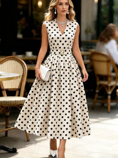 SHEIN Women's Fashion Sleeveless V-Neck Polka Dot Print Cinched Waist A-Line Maxi Dress, Valentine's Day & Date Night Style