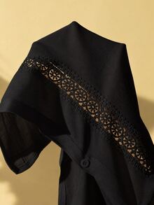 SHEIN Swim Plus Size Women Lace Patchwork Long Sleeve Blouse/Kimono Style For Summer Beach Vacation - Black - View 4