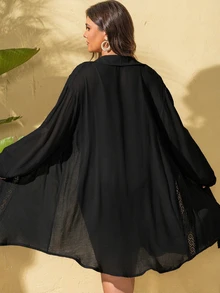 SHEIN Swim Plus Size Women Lace Patchwork Long Sleeve Blouse/Kimono Style For Summer Beach Vacation - Black - View 2
