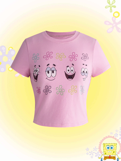 SpongeBob SquarePants | ROMWE T-shirt à manches courtes décontracté pour femme avec imprimé de dessin animé pour un usage quotidien