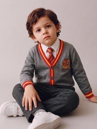PrepCrw HARRY POTTER X SHEIN Young Boy V-Neck Contrast Color Long Sleeve Red & Yellow Striped Loose Knit Cardigan, College Embroidery, Preppy Style, Suitable For Back To School, Daily Wear, Can Be Layered With Shirt