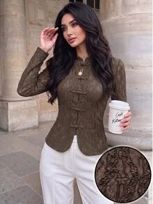 Modelyn Women Spring Fall Top Elegant Coffee Stand Collar Chinese Frog Button Lace Slim Fit Long Sleeve Top Light Chinese Style Commute Minimalist DailyDating - Coffee Brown - View 1