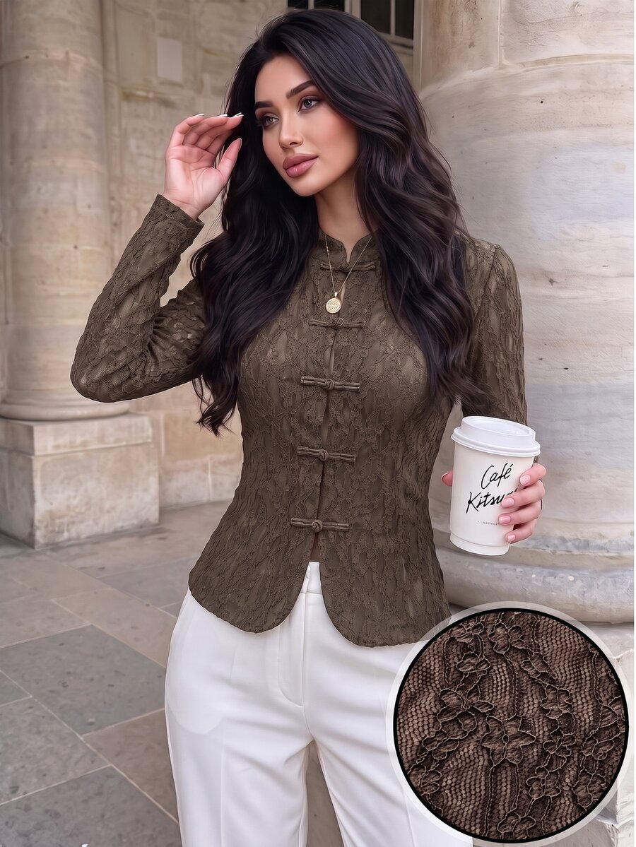 Modelyn Women Spring Fall Top Elegant Coffee Stand Collar Chinese Frog Button Lace Slim Fit Long Sleeve Top Light Chinese Style Commute Minimalist DailyDating - Coffee Brown - View 1