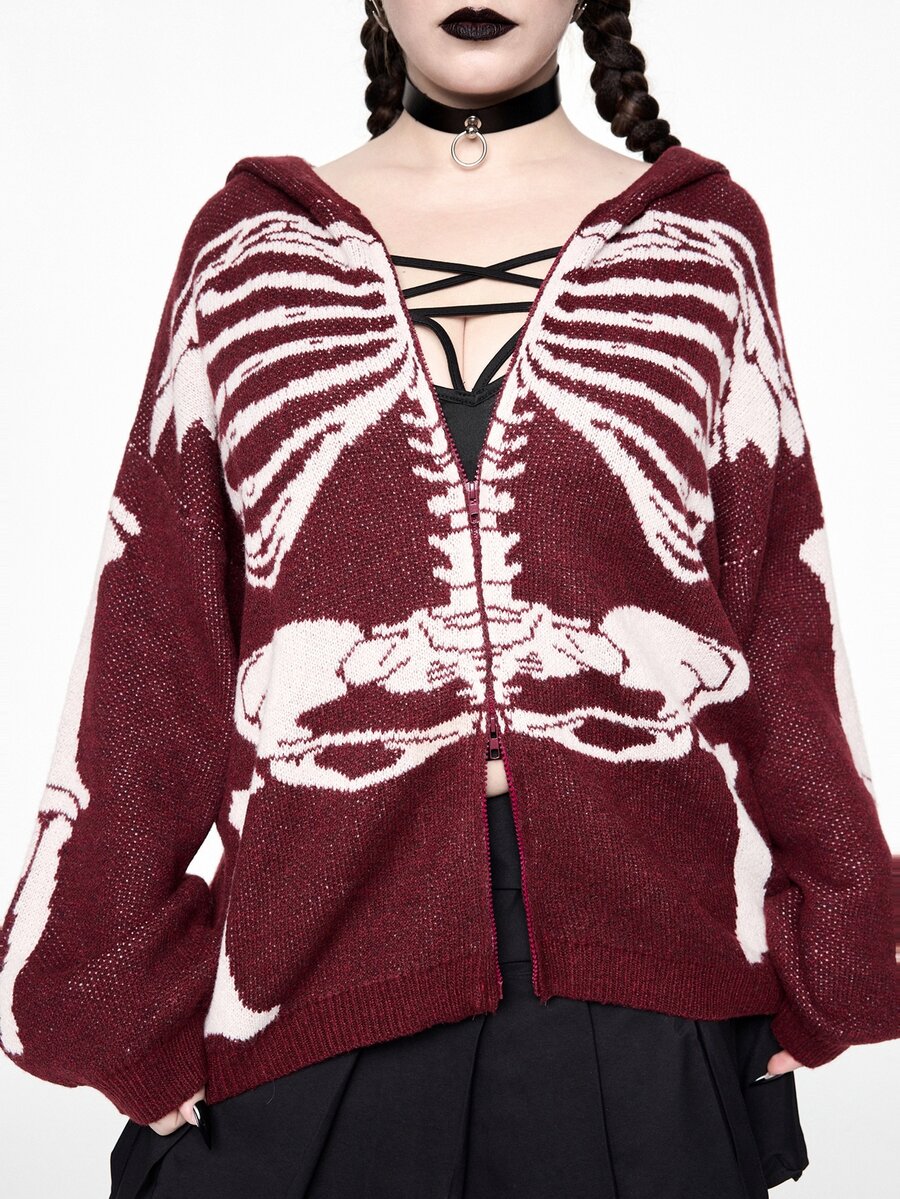 ROMWE Goth Dark Skeleton Bone Pattern Jacquard Hooded Zip-Up Cardigan, Plus Size Knit Casual Versatile Halloween Party Wear - Burgundy - View 1