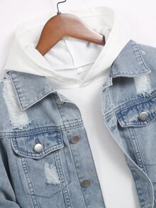 Tween Boy Fashion Casual Kids Y2k Light Blue Denim Loose-Hole Long-Sleeved Jacket - Blue - View 4