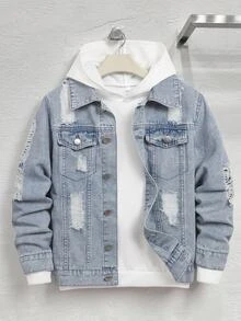 Tween Boy Fashion Casual Kids Y2k Light Blue Denim Loose-Hole Long-Sleeved Jacket - Blue - View 1