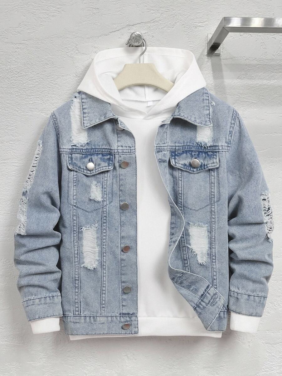 Tween Boy Fashion Casual Kids Y2k Light Blue Denim Loose-Hole Long-Sleeved Jacket - Blue - View 1