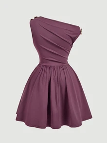SHEIN MOD Plus Size Women's Asymmetric Shoulder Mini Dress, 1920s Summer Party Birthday Metal Flower Decor, Fitted Waist, Graduation, Wedding Guest - Red Violet - View 3