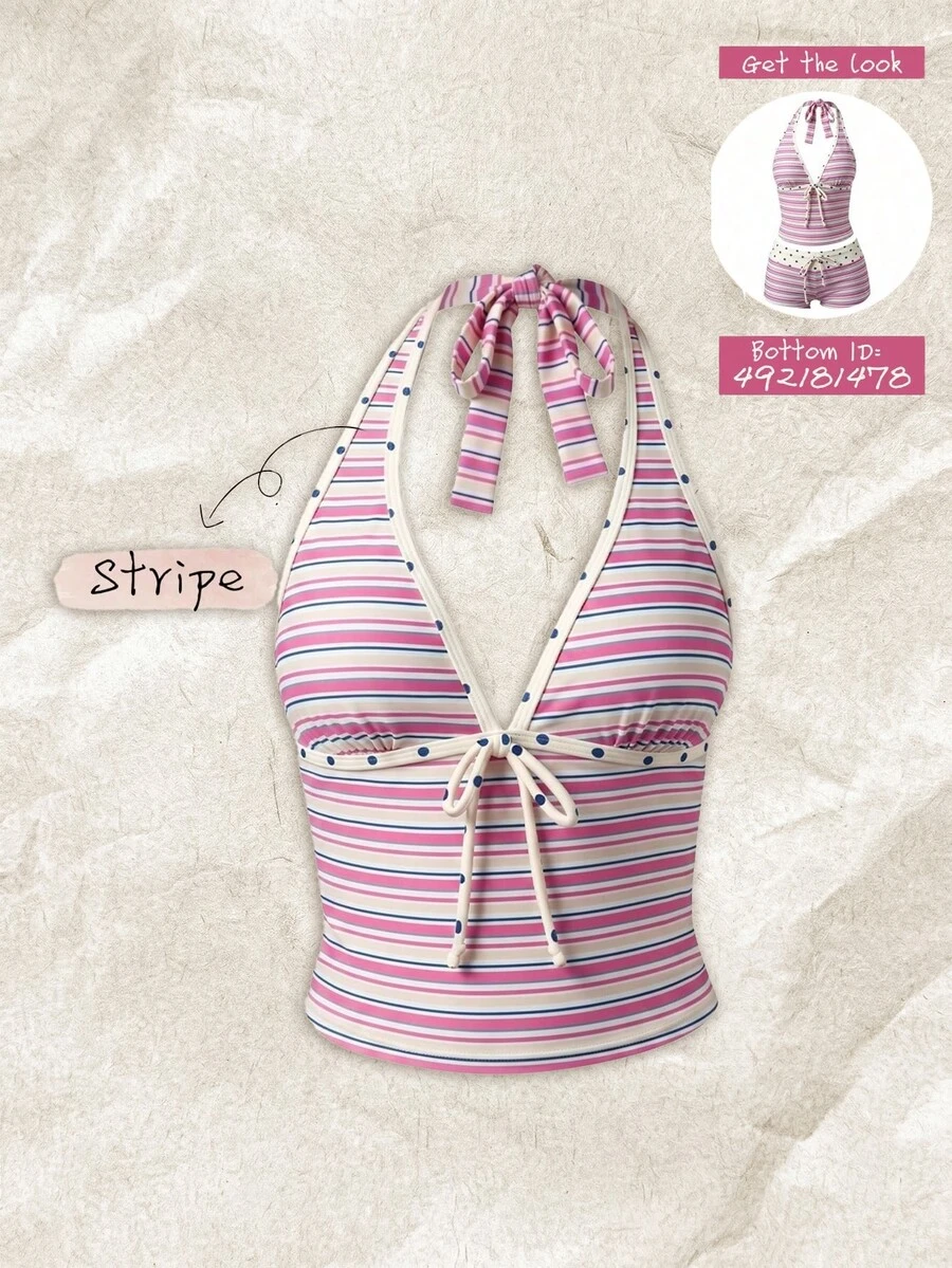 SHEIN Swim 女款春夏隨機印花細肩帶蝴蝶結比基尼上衣 - 彩色 - 查看 1