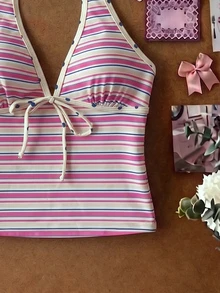 SHEIN Swim 女款春夏隨機印花細肩帶蝴蝶結比基尼上衣 - 彩色 - 查看 5