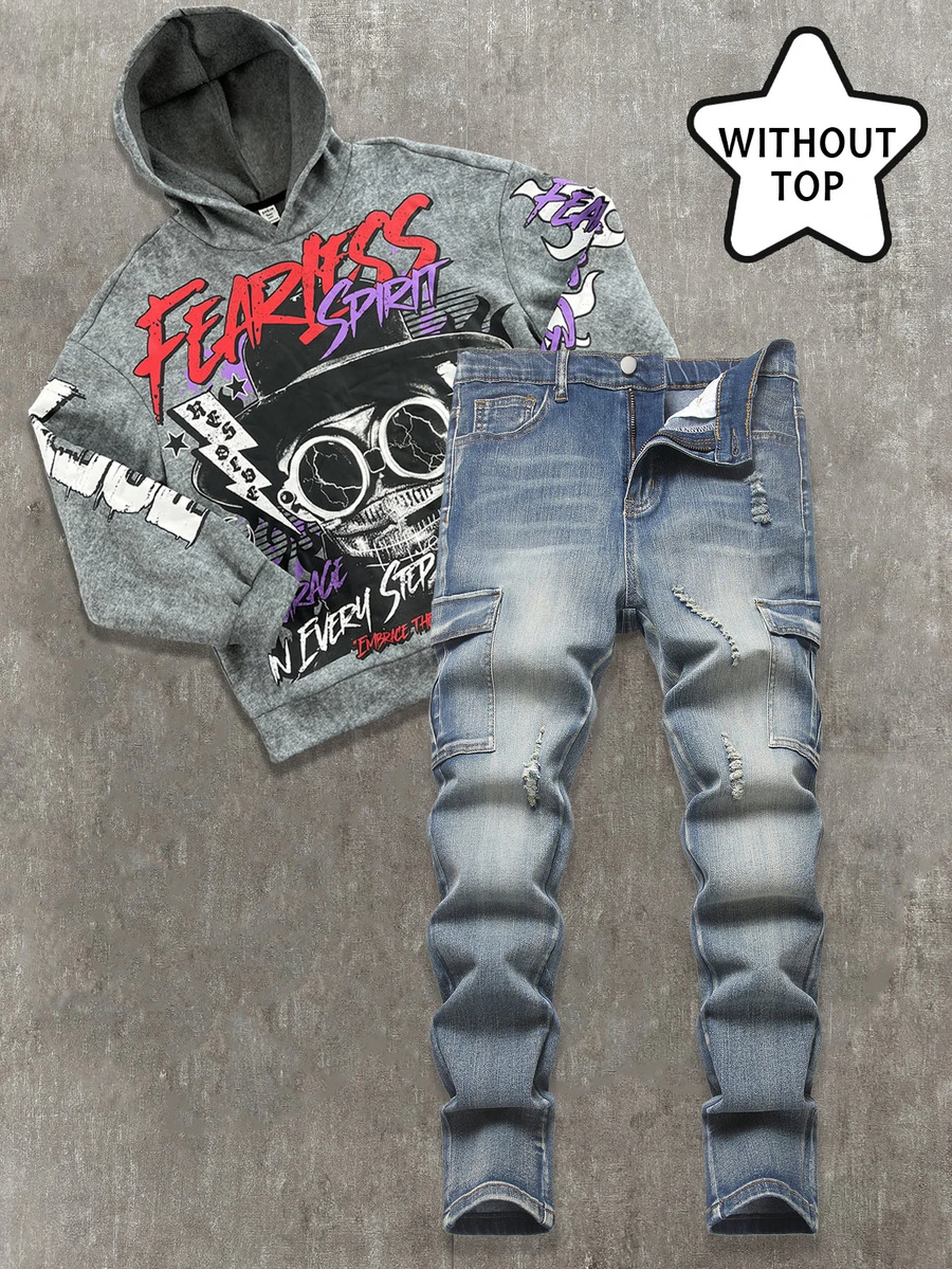 SHEIN Teen Boy Fashion Casual Y2k Pockets And Tear-Resistant Design Blue Elastic Tight Jeans - Blue - View 1