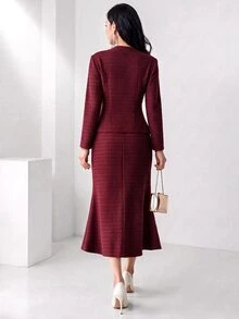 Heiryn 2 件套女士优雅纯色夹克和美人鱼下摆裙子套装，秋季 2 件套 - 酒紅色 - 查看 4