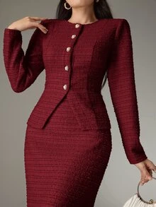 Heiryn 2 件套女士优雅纯色夹克和美人鱼下摆裙子套装，秋季 2 件套 - 酒紅色 - 查看 9