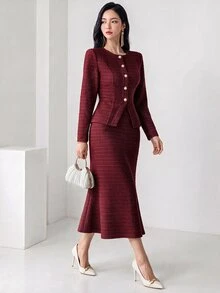 Heiryn 2 件套女士优雅纯色夹克和美人鱼下摆裙子套装，秋季 2 件套 - 酒紅色 - 查看 6