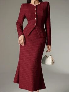 Heiryn 2 件套女士优雅纯色夹克和美人鱼下摆裙子套装，秋季 2 件套 - 酒紅色 - 查看 8