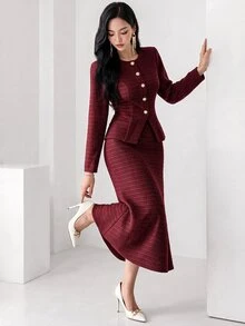 Heiryn 2 件套女士优雅纯色夹克和美人鱼下摆裙子套装，秋季 2 件套 - 酒紅色 - 查看 7