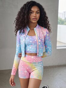SHEIN Tween Girl Knit Rainbow Printed 3 Pieces Set Long Sleeve Mock Neck Zip-Up T-Shirt Camisole And Bike Shorts 3 Pieces Short Set Clothes Outfits - Multicolor - View 3