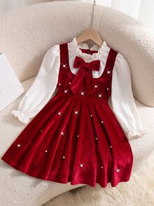 SHEIN 女童秋季公主風天鵝絨蝴蝶結裝飾泡泡長袖荷葉領二合一A字洋裝，聖誕節7歲生日母女套裝，白色紅色 - 紅色 - 查看 7