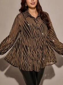Comfylo Plus Size Women's Black And Gold Foil Zebra Print Long Sleeve Single-Breasted Fashion Shirt Going Out Night Out Party Summer Sexy Business Casual - Black - View 1
