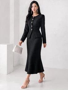 Heiryn 2件套女款優雅前扣收腰上衣與魚尾下擺裙，秋季教師節辦公室企業風淺藍色 - 黑色 - 查看 5