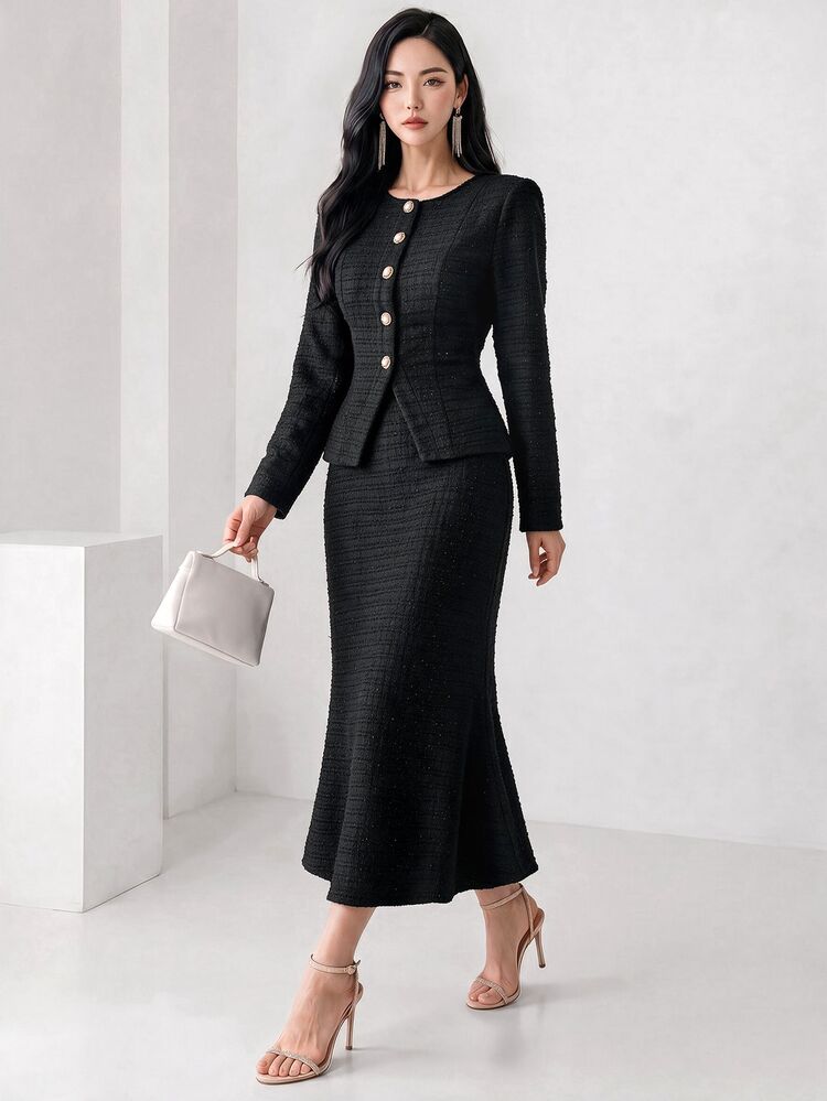 Heiryn 2pcs Set: Women Elegant Front Button Cinched Waist Top And Fish Tail Hem Skirt, Autumn Teachers' Day Office Corporate Light Blue - Black - View 5