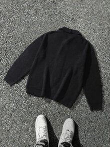 Manfinity CasualKnits 男士純色長袖單排扣針織開襟衫，秋冬款，老錢風 - 黑色 - 查看 2