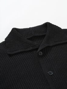 Manfinity CasualKnits 男士純色長袖單排扣針織開襟衫，秋冬款，老錢風 - 黑色 - 查看 4