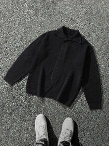 Manfinity CasualKnits 男士純色長袖單排扣針織開襟衫，秋冬款，老錢風 - 黑色 - 查看 3