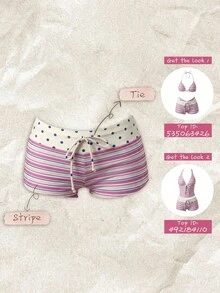 SHEIN Swim Women's Spring/Summer Random Print High Waist Bow Bikini Bottoms - Multicolor - View 1