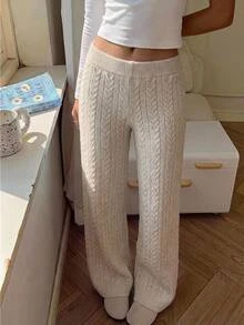 CovetEZ Women's Versatile Casual Cable Knit Pants Streetwear - Grey - View 4