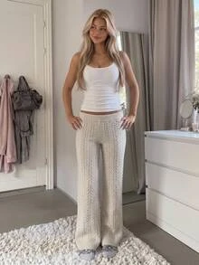 CovetEZ Women's Versatile Casual Cable Knit Pants Streetwear - Grey - View 6
