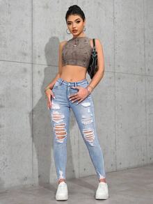 SHEIN PETITE Women's Casual Grunge Streetwear Distressed Skinny Fit Denim Jeans Everyday School Light Blue Autumn,Petite Women - Light Wash - View 4