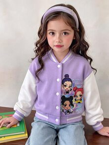 SHEIN Genkimix Kids 女童春秋紫色與白色拼色棒球夾克，卡通印花，羅紋立領，單排扣，短版，長袖，學院風，適合學校、日常穿著、外出與休閒穿搭 - 紫色 - 查看 6