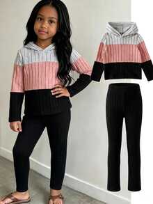 SHEIN Genkimix Kids Setelan Hoodie dan Celana Panjang dengan Tekstur Warna Kontras untuk Anak Perempuan - MultiWarna - View 1