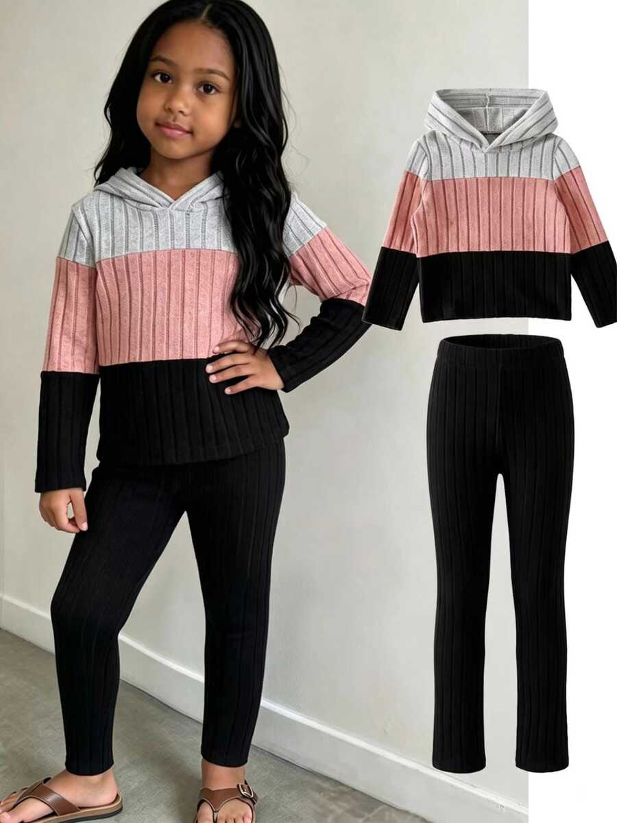 SHEIN Genkimix Kids Setelan Hoodie dan Celana Panjang dengan Tekstur Warna Kontras untuk Anak Perempuan - MultiWarna - View 1