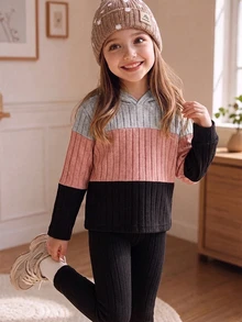 SHEIN Genkimix Kids Setelan Hoodie dan Celana Panjang dengan Tekstur Warna Kontras untuk Anak Perempuan - MultiWarna - View 7