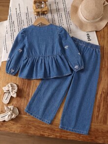 SHEIN 女童刺繡泡泡袖長袖蝴蝶結裝飾牛仔上衣與牛仔褲休閒套裝 牛仔女孩風格 可愛風 - 藍色 - 查看 2
