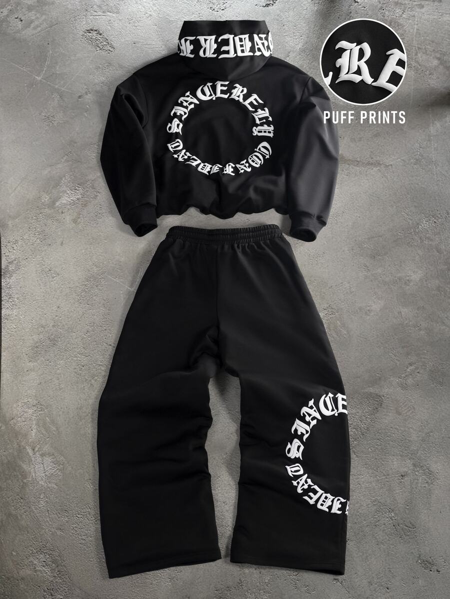 Major Grit Men's Letter Print Hoodie And Pants Set, Goth - Black - View 1