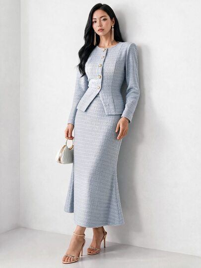 Heiryn 2pcs Set: Women Elegant Front Button Cinched Waist Top And Fish Tail Hem Skirt, Autumn Teachers' Day Office Corporate Light Blue